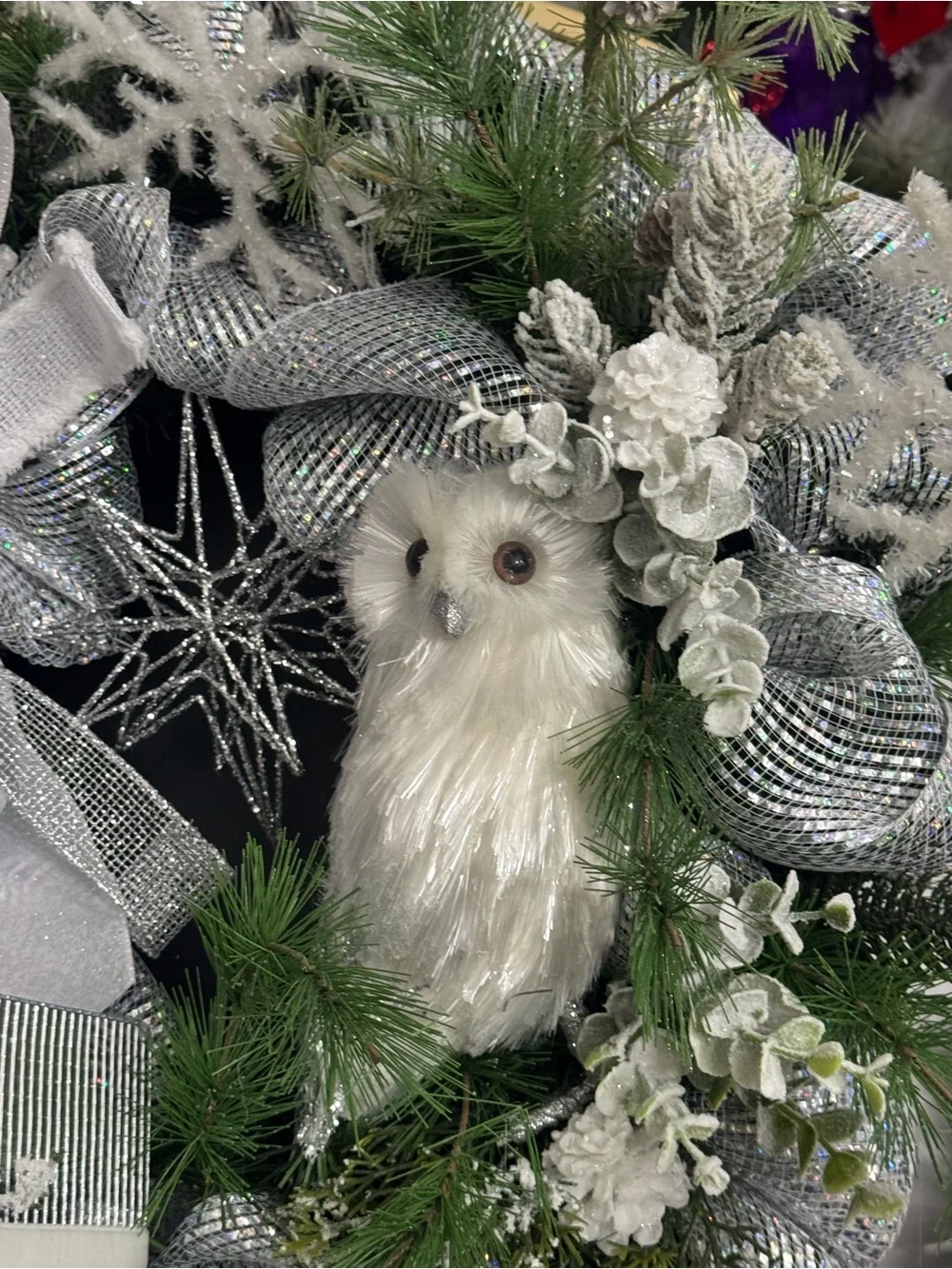 Silver Glitter Pinecone and Snow Owl Holiday Wreath Accent with Lights
